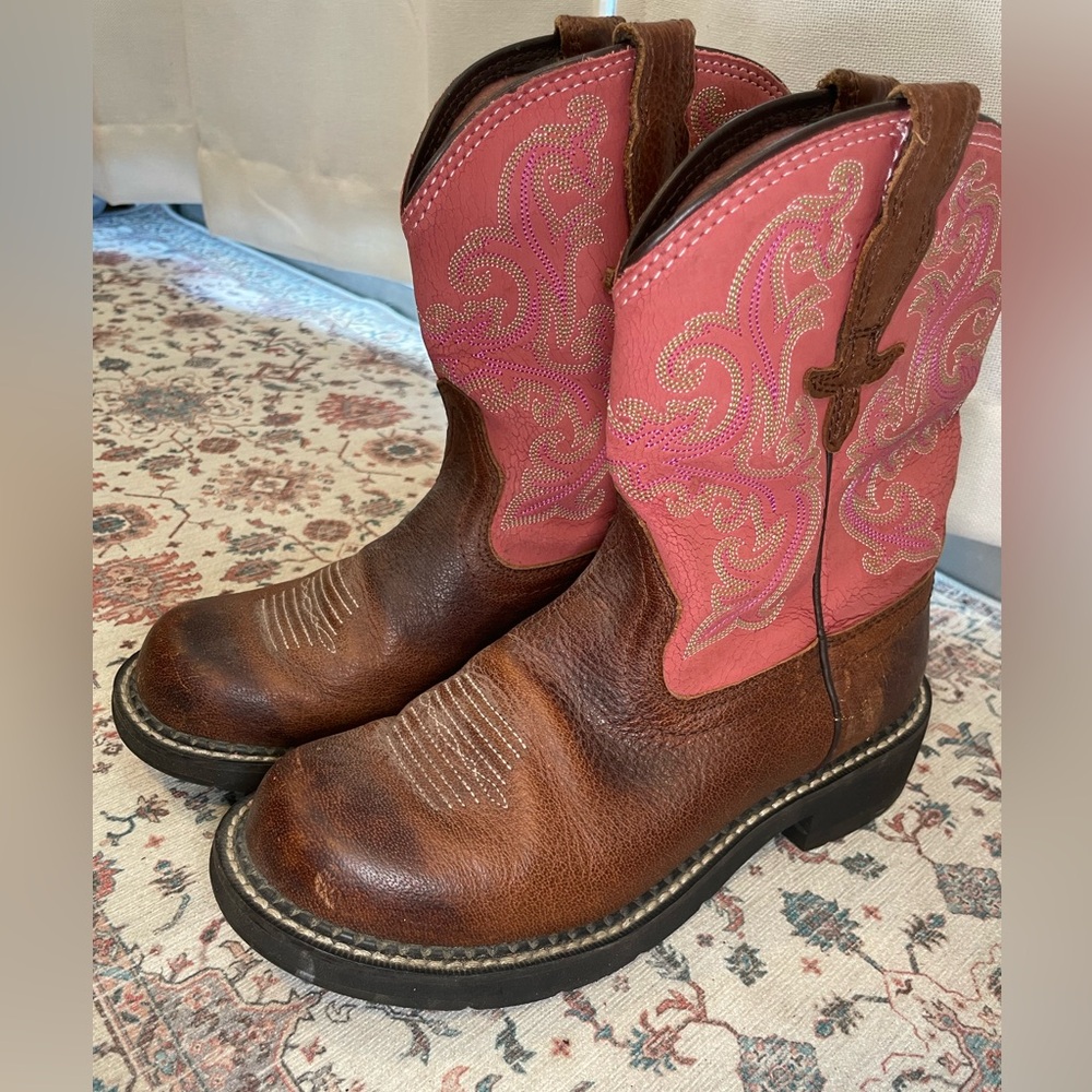 Ariat Women’s Pink and Brown Leather Cowboy Boots
